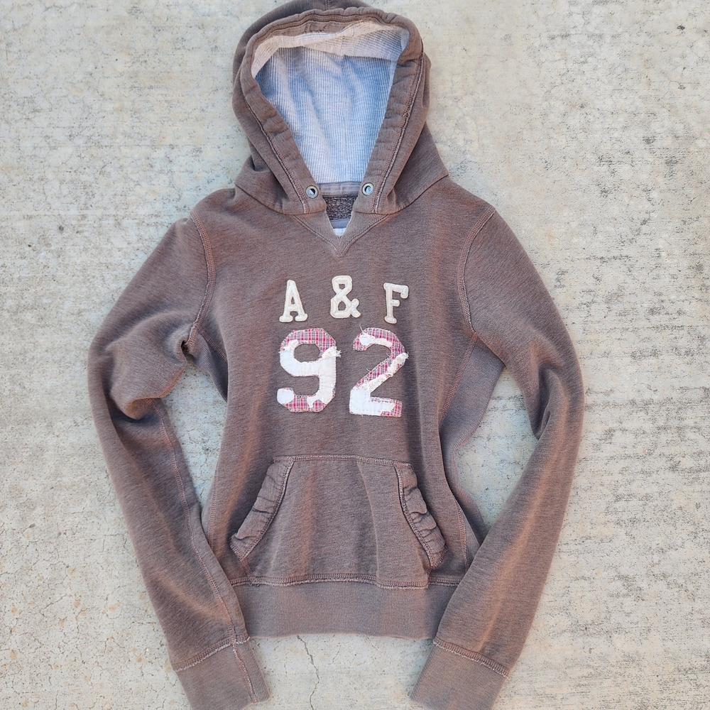 Y2K Abercrombie & Fitch Light Brown Hoodie with‎ Distressed Logo, Size Womens S